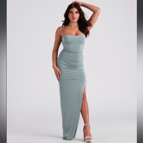 LONG MAXI TEAL DRESS SLIT ON THE SIDE OPEN BACK, SMALL - Picture 2 of 5